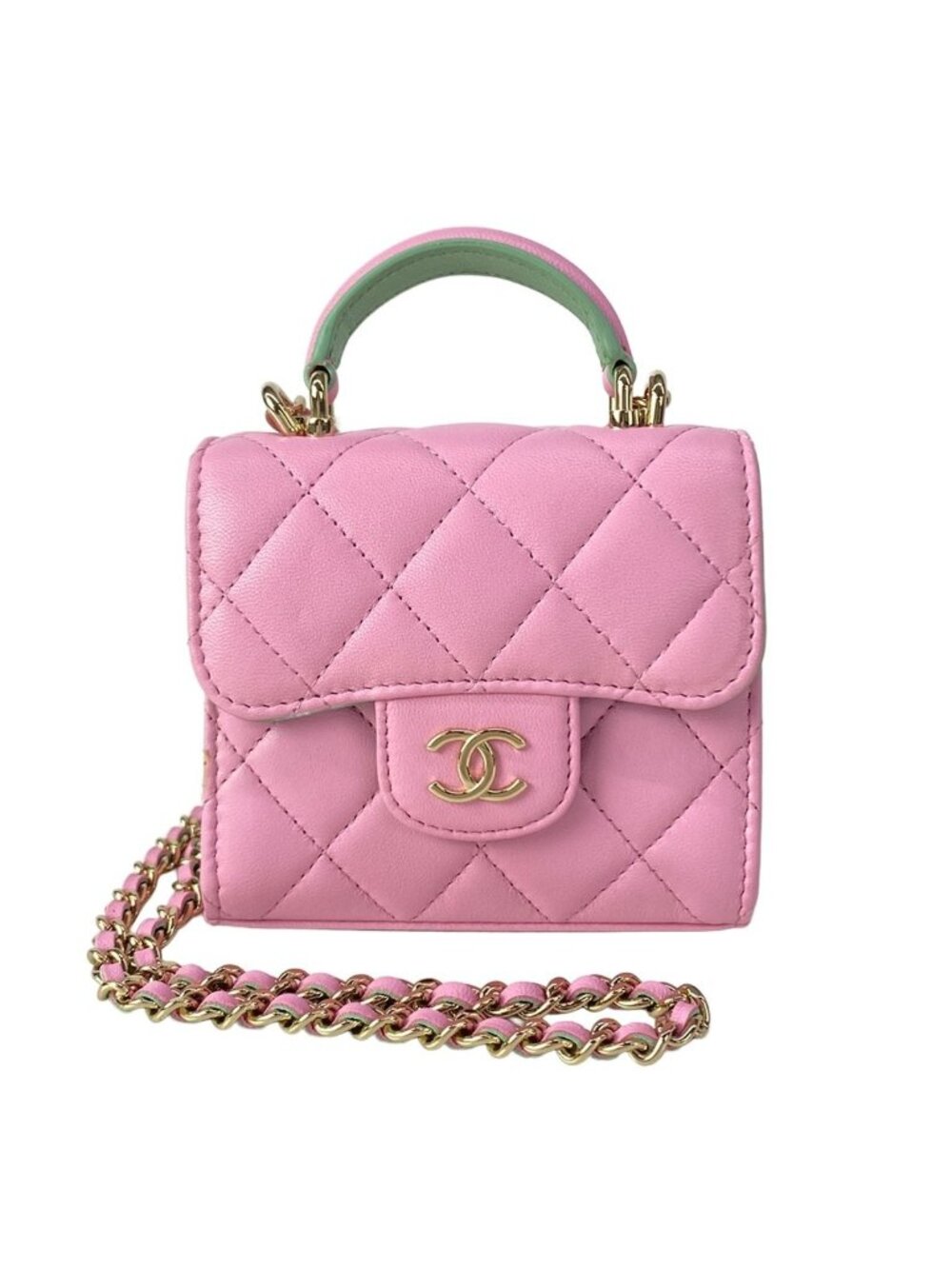 Chanel Shoulder Bag Quilted Chain Clutch Pink Light Green Lambskin